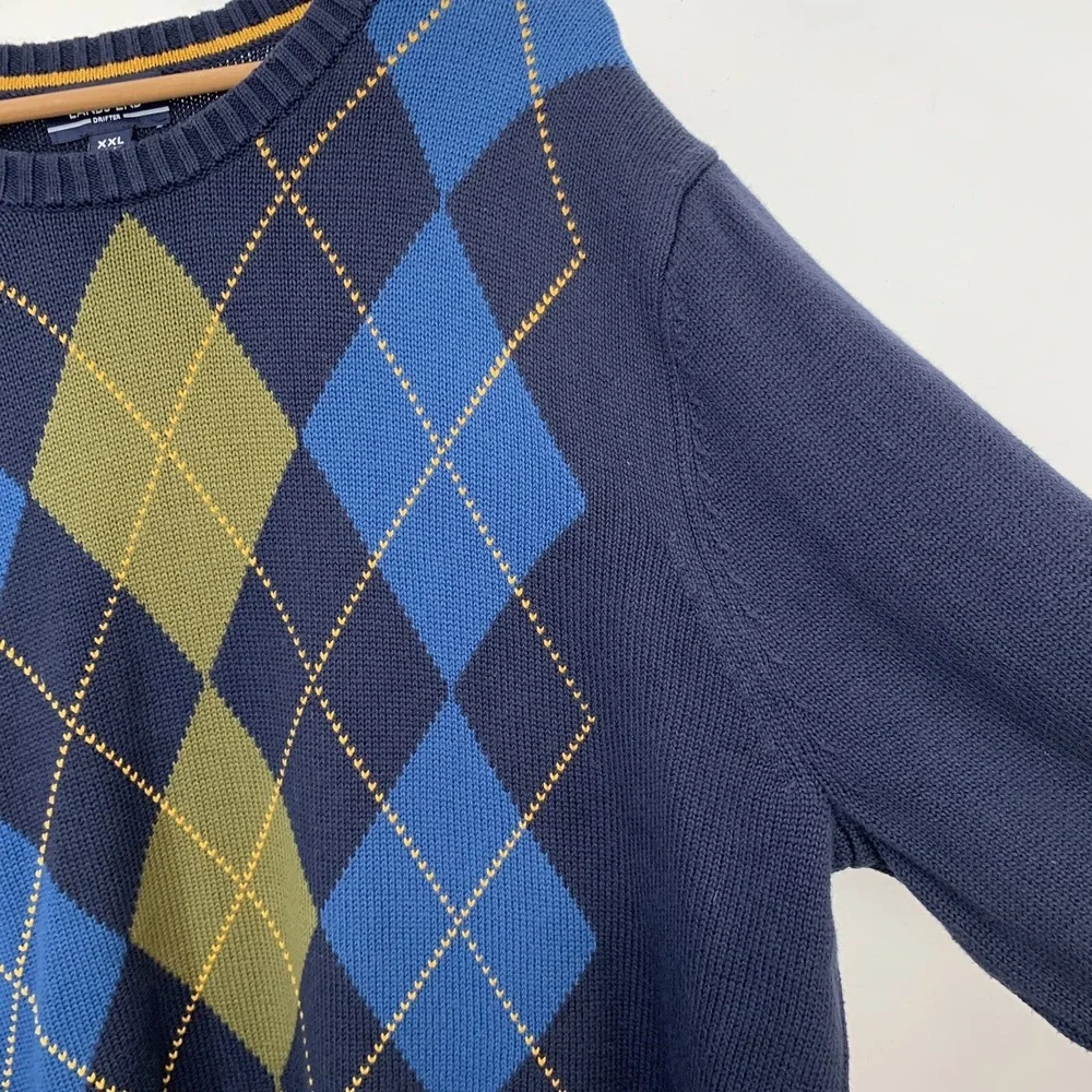 Lands End Drifter Argyle  Crew Neck Sweater Men XXL Jumper  100% Cotton Blue
